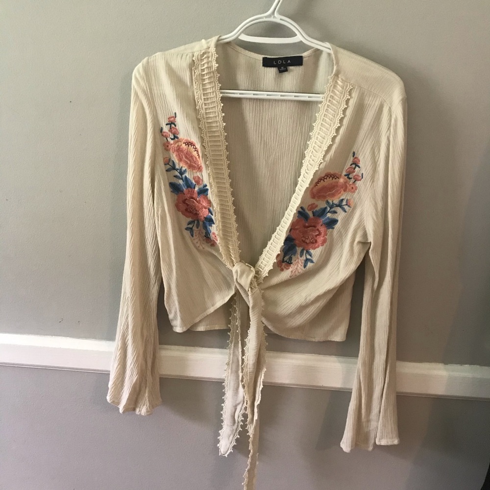 Floral Tie-Front Crop-Top w/ Bell Sleeves